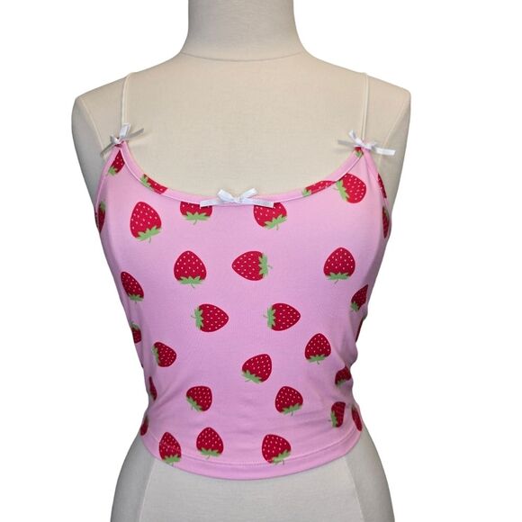 Women's Strawberry Print Spaghetti Strap Crop Top Summer Cami M - Picture 1 of 9